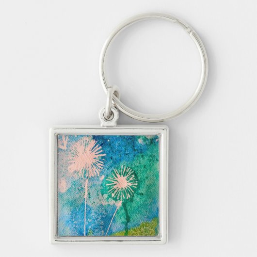 Dandelion waterverf abstract blauw en groen sleutelhanger (Voorkant)