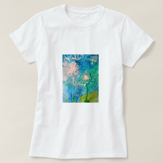 Dandelion waterverf abstract blauw en groen t-shirt (Design voorkant)