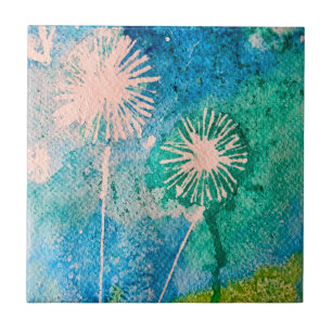 Dandelion waterverf abstract blauw en groen tegeltje