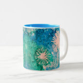 Dandelion waterverf abstract blauw en groen tweekleurige koffiemok (Voorkant rechts)