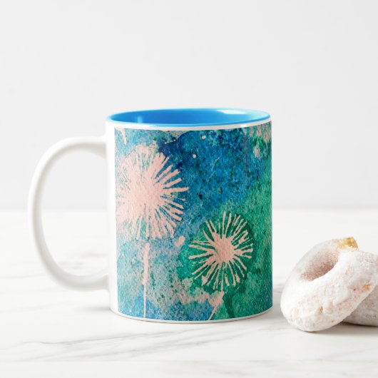 Dandelion waterverf abstract blauw en groen tweekleurige koffiemok (Met donut)