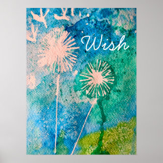 Dandelion waterverf wenst abstract blauw en groen poster