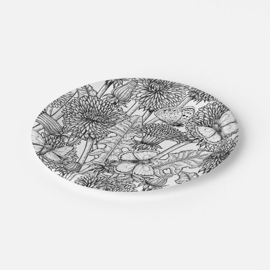 Dandelion-weide in zwart-wit papieren bordje (Gekanteld)