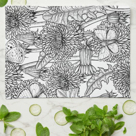 Dandelion-weide in zwart-wit theedoek (Gevouwen)