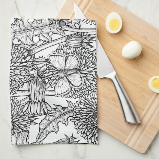 Dandelion-weide in zwart-wit theedoek (Quarter Fold)