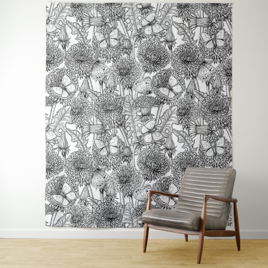 Dandelion-weide in zwart-wit wandkleed (In situ)