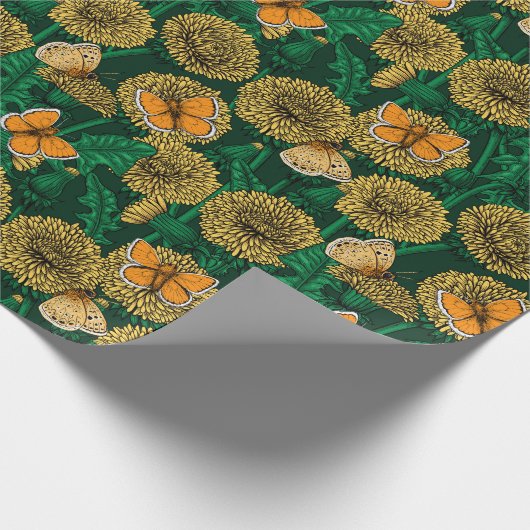 Dandelion-weide op donkergroen cadeaupapier (Hoek)