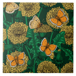 Dandelion-weide op donkergroen tegeltje