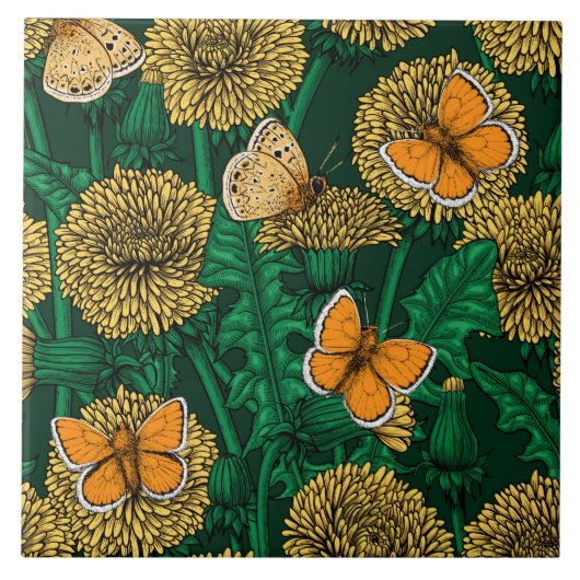 Dandelion-weide op donkergroen tegeltje (Voorkant)