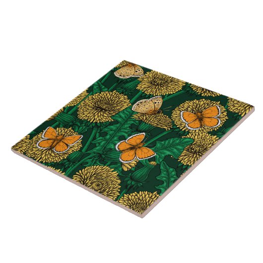 Dandelion-weide op donkergroen tegeltje (Zijkant)