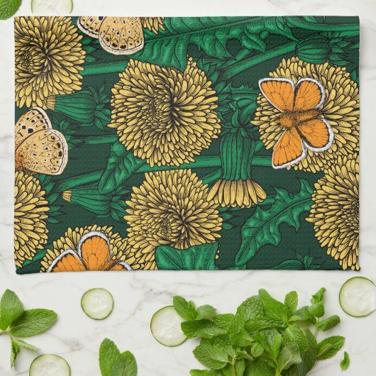 Dandelion-weide op donkergroen theedoek (Gevouwen)