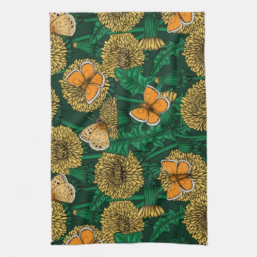 Dandelion-weide op donkergroen theedoek (Verticaal)