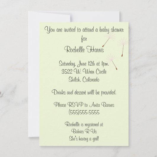 Dandelion wil een Baby shower in Pinks Kaart (Achterkant)