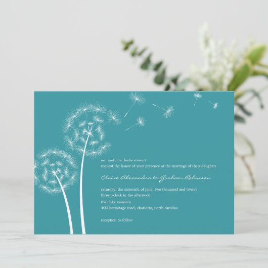 Dandelion Wish Wedding Invitations (Turquoise) Kaart (Staand voorkant)