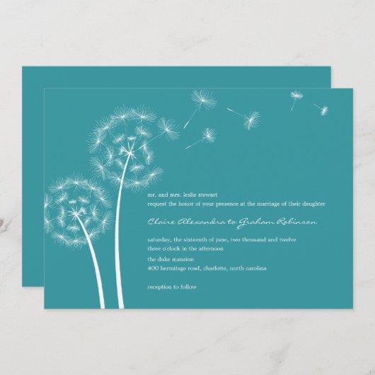 Dandelion Wish Wedding Invitations (Turquoise) Kaart (Voorkant / Achterkant)