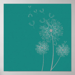 Dandelionbloem voor blauwgroen kunst poster