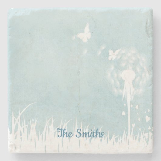 Dandelionen, vlinders en blauwe hemden stenen onderzetter (Voorkant)