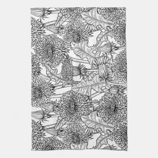 Dandelionen, zwart-wit theedoek (Verticaal)