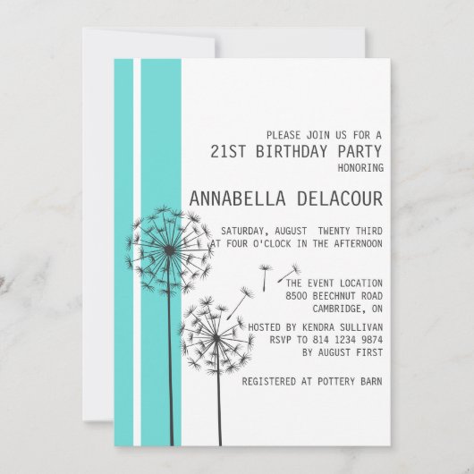 Dandelions Blue Modern Birthday Invitation Kaart (Voorkant)