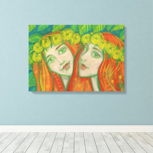Dandelions, Ginger Girls Fantasy Pastel Painting Canvas Afdruk (Insitu (Houten vloer))