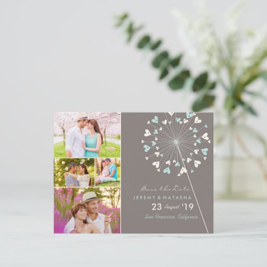 Dandelions Love Heart 4 Multi Photo Save Date Aankondigingskaart (Staand voorkant)