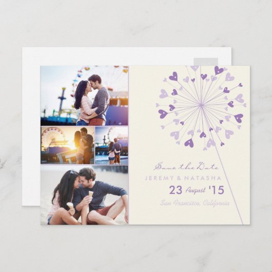 Dandelions Love Heart 4 Multi Photo Save Date Aankondigingskaart (Voorkant / Achterkant)