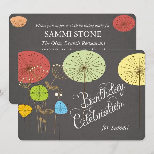 Dandelions op Charcoal Linen Birthday Invite Kaart (Voorkant / Achterkant)