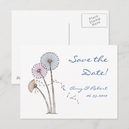Dandilion Klokken Roze Blauw Crème Save the Date Aankondigingskaart (Voorkant / Achterkant)