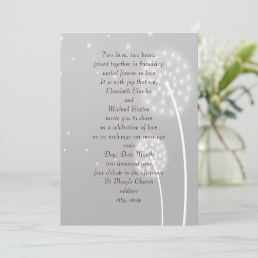 Dandilion Puffs, grijs, stijlvol, bruiloft uitnodi Kaart (Staand voorkant)