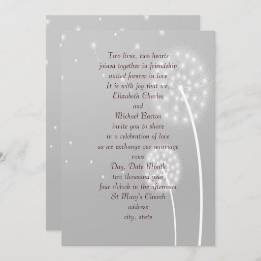 Dandilion Puffs, grijs, stijlvol, bruiloft uitnodi Kaart (Voorkant / Achterkant)