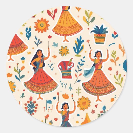 Dandiya Nights Seamless Pattern – Indiaas festival Ronde Sticker (Voorkant)