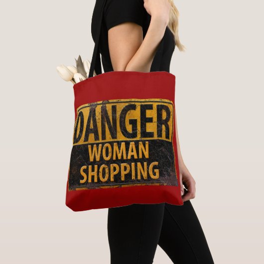 DANGER Woman Shopping - Funny Metal Warning Sign Tote Bag (Dichtbij)