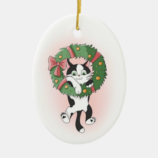 Dangling Cartoon Cat van Christmas Wreath Keramisch Ornament (Voorkant)