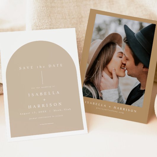DANICA Bohemian Arched Beige Photo Save the Date Kaart