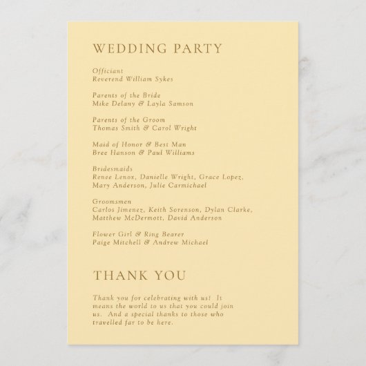 Danice Butter Geel Moderne bruiloft Programmakaart (Achterkant)