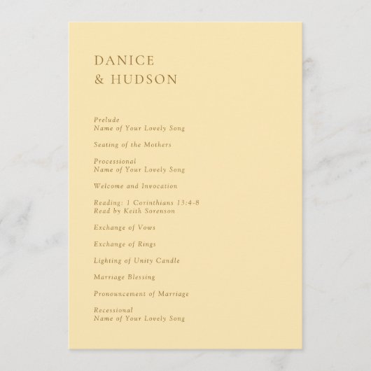 Danice Butter Geel Moderne bruiloft Programmakaart (Voorkant)