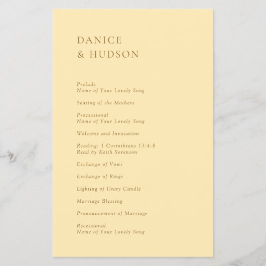 Danice Butter Yellow Modern huwelijksprogramma (Voorkant)