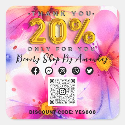 Dank 20% van QR CODE Logo Korting Flowers Summer Vierkante Sticker (Voorkant)