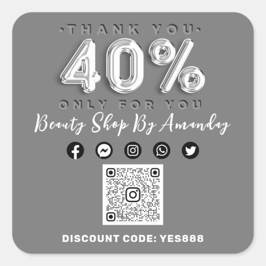 Dank 40% korting QR CODE Logo Korting Grijs Zilver Vierkante Sticker (Voorkant)