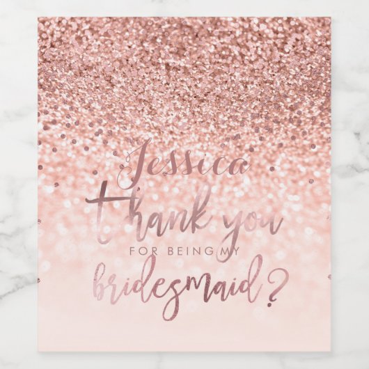Dank aan bruidsmeisje. Faux Roos Gouden Glitter Wijn Etiket (Enkel label)