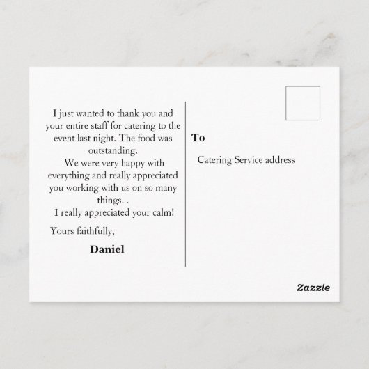 Dank aan cateringdiensten briefkaart (Achterkant)