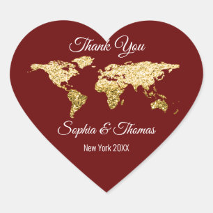 Dank Bruiloft Golden World Bestemmingskaart Maroon Hart Sticker