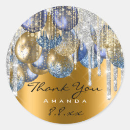 Dank Bruiloft Verjaardag Ballons Blauw Drips Goud Ronde Sticker