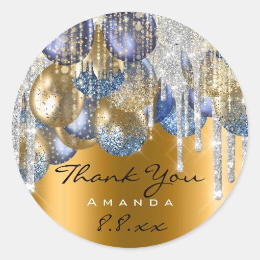 Dank Bruiloft Verjaardag Ballons Blauw Drips Goud Ronde Sticker (Voorkant)