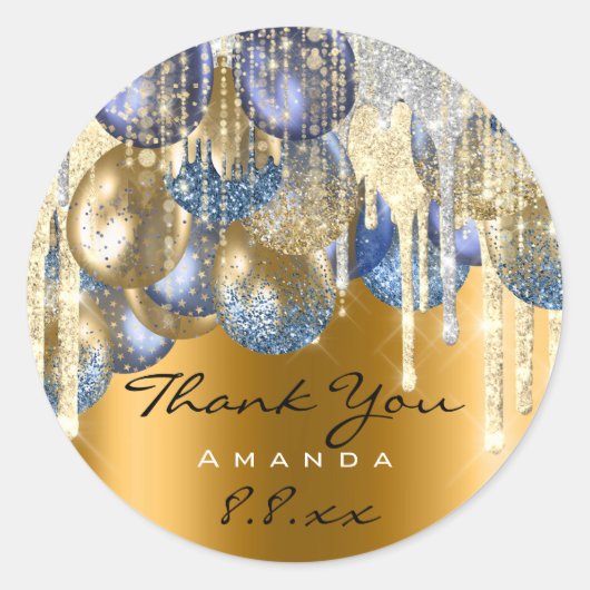 Dank Bruiloft Verjaardag Ballons Blauw Drips Goude Ronde Sticker (Voorkant)