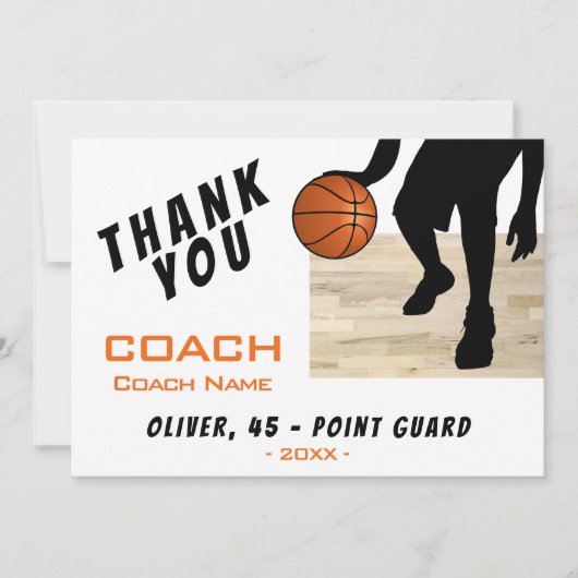 Dank coach basketbalspeler silhouet kaart (Voorkant)