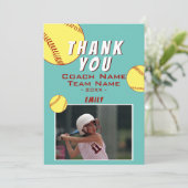 Dank coach geel softbal fotokaart bedankkaart (Staand voorkant)