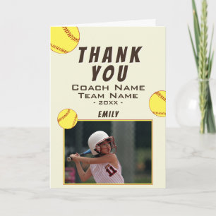Dank coach geel softbal fotokaart bedankkaart