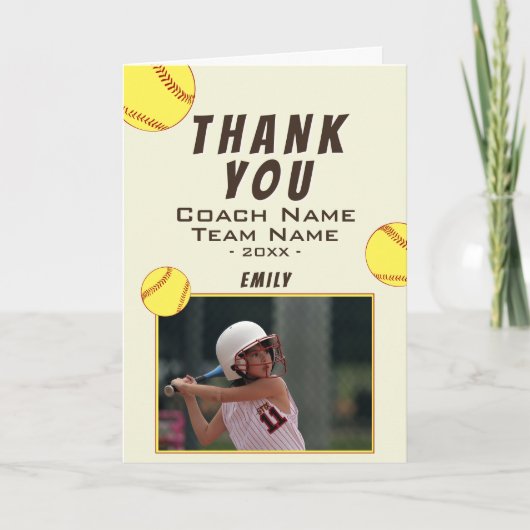 Dank coach geel softbal fotokaart bedankkaart (Voorkant)