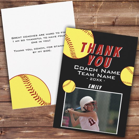 Dank coach geel softbal fotokaart bedankkaart